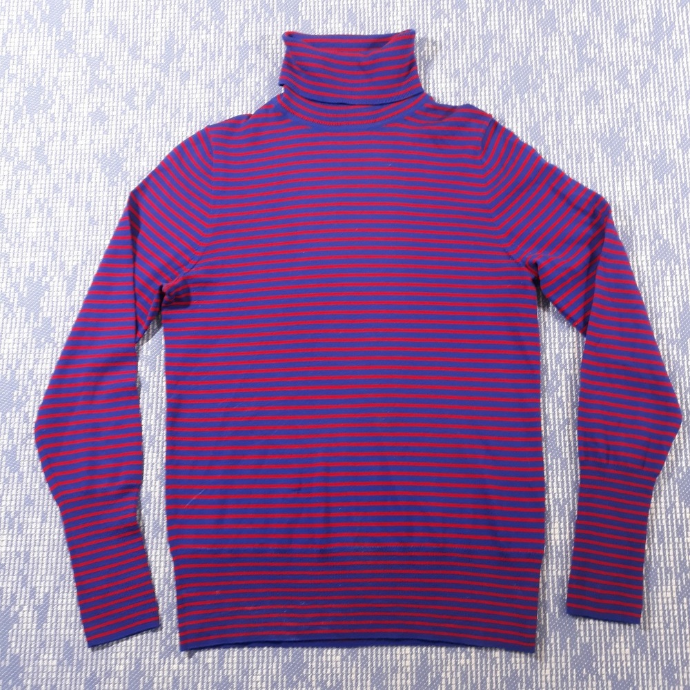 J.CREW Sweater Lightweight Pullover Merino Wool Womens M Blue Striped Turtleneck